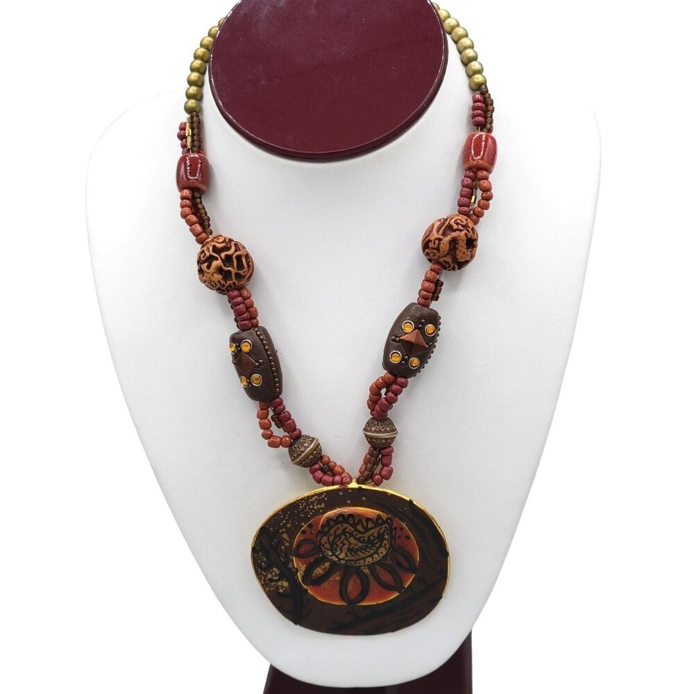 Treska Boho Tribal Beaded Necklace Large Round Pendant Carved Resin Beads